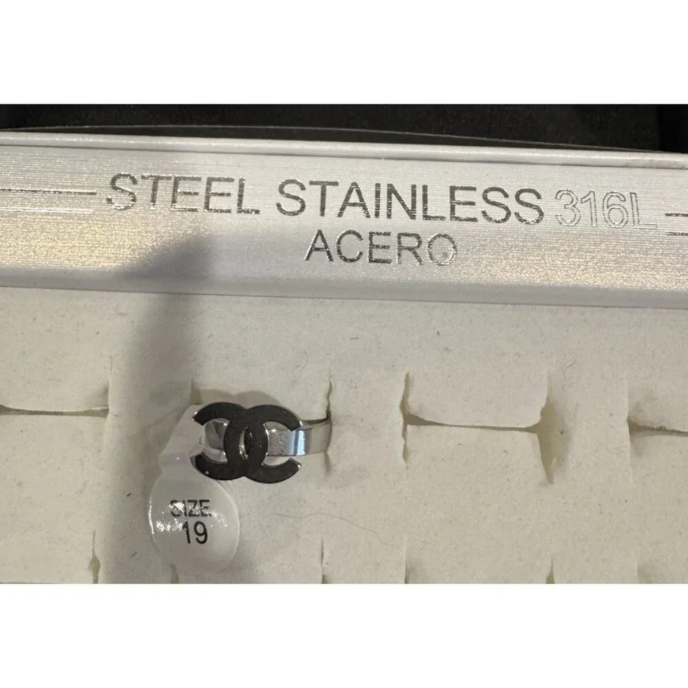 ACERO SIlvertone CC Letters Womens Ring Stainless Steel Silver 19 US 9.5 NEW